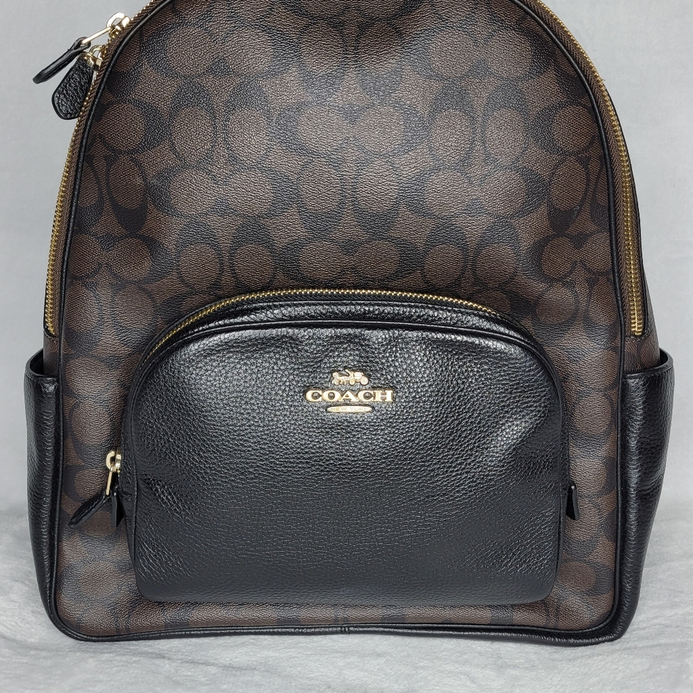 New Coach Women's Large Backpack in Signature Canvas Brown and Black.